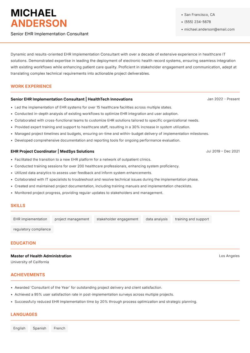 EHR Implementation Consultant resume template — Modern Professional