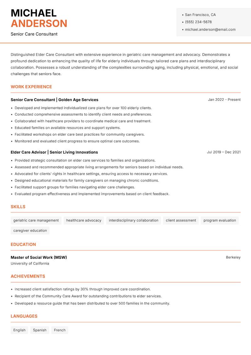Elder Care Consultant resume template — Modern Professional