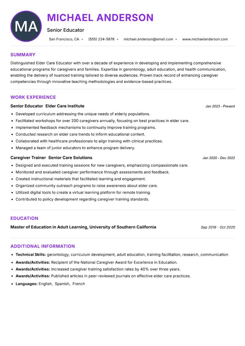 Elder Care Educator resume example — ATS-friendly template