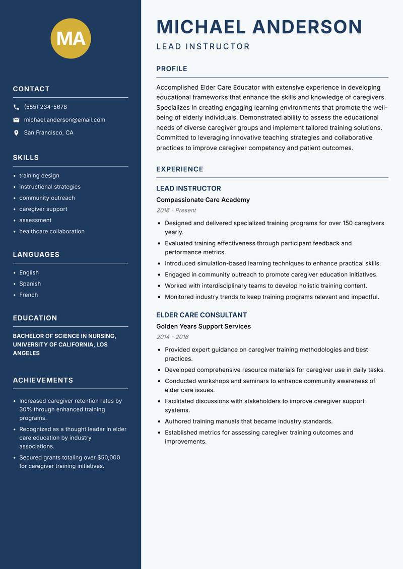 Elder Care Educator resume template — Classic Clean