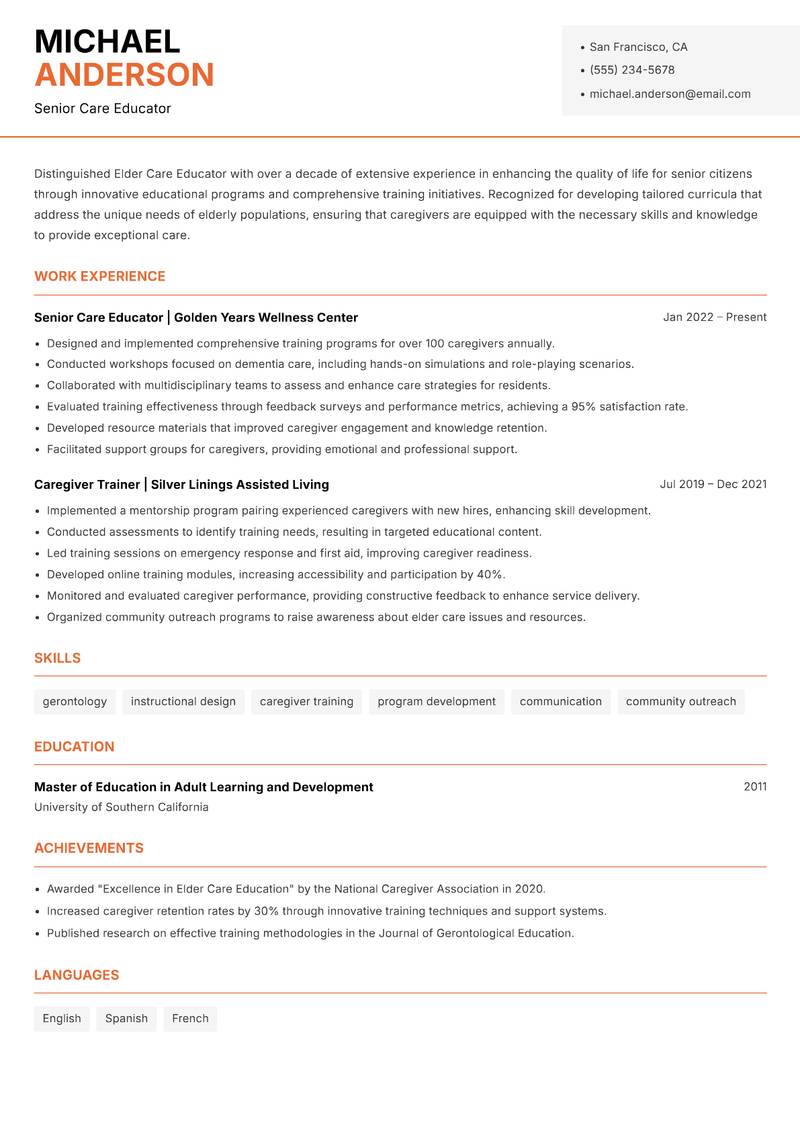 Elder Care Educator resume template — Modern Professional