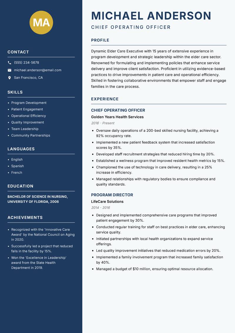 Elder Care Executive resume template — Classic Clean