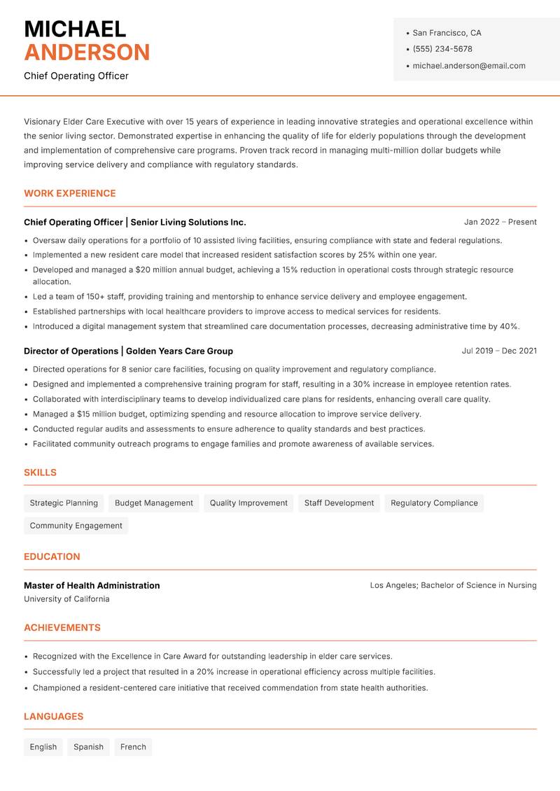 Elder Care Executive resume template — Modern Professional