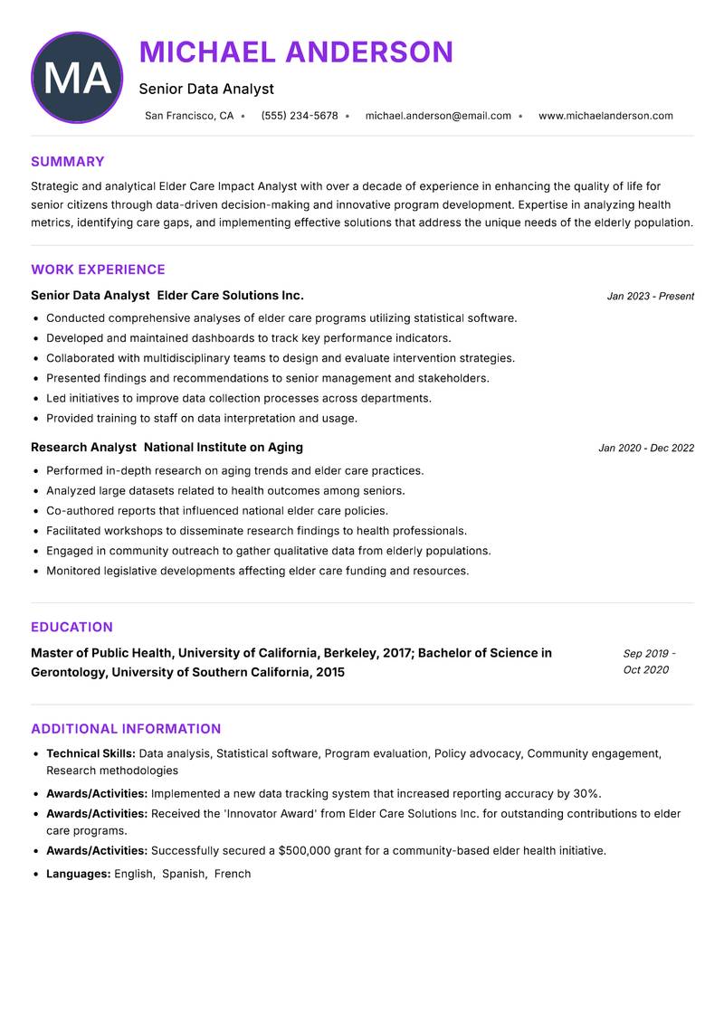 Elder Care Impact Analyst resume example — ATS-friendly template