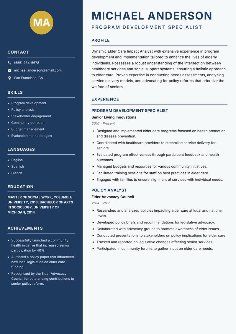 Elder Care Impact Analyst resume template — Classic Clean