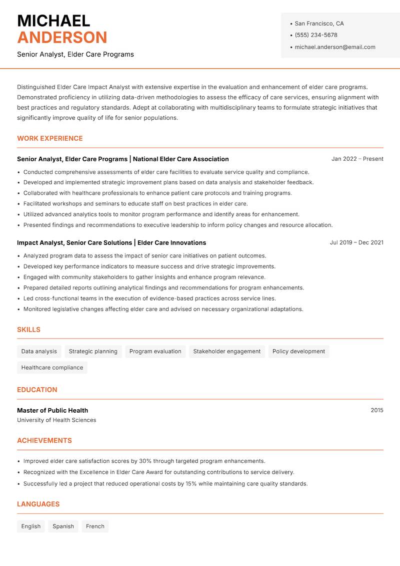 Elder Care Impact Analyst resume template — Modern Professional