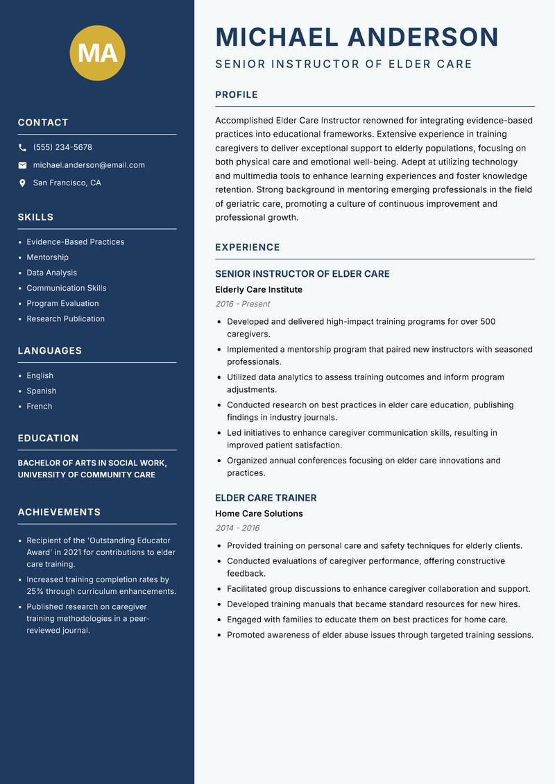 Elder Care Instructor resume template — Classic Clean