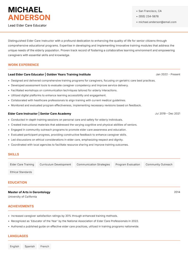 Elder Care Instructor resume template — Modern Professional