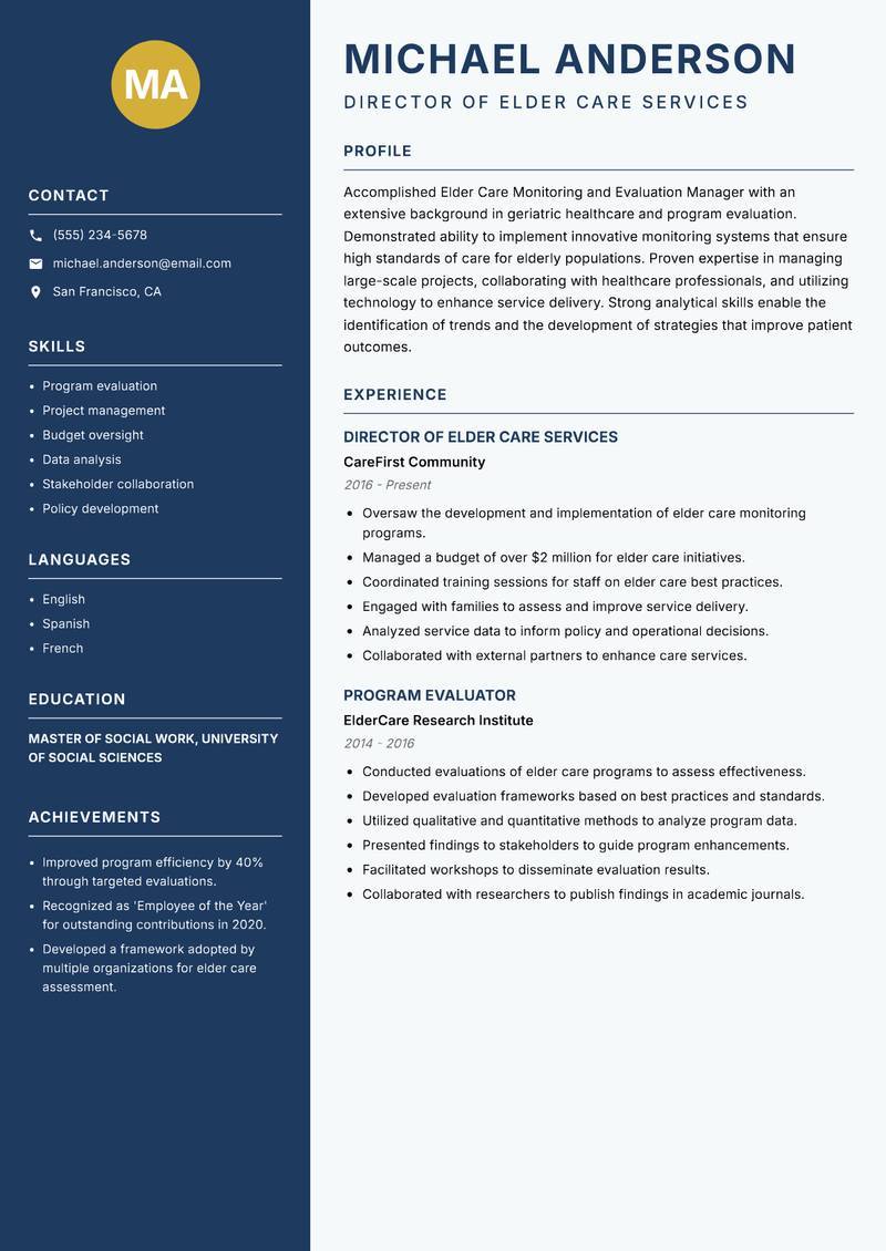 Elder Care Monitoring and Evaluation Manager resume template — Classic Clean