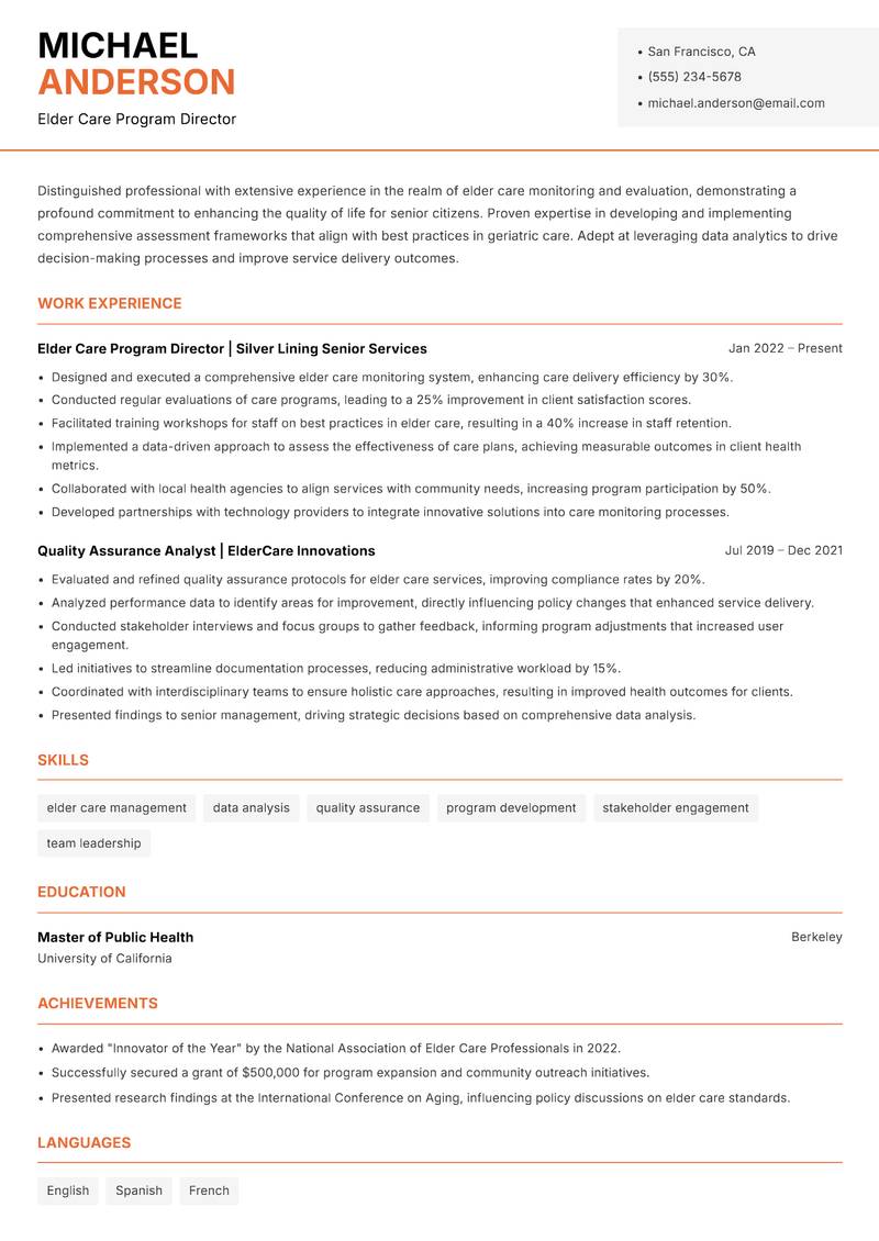 Elder Care Monitoring and Evaluation Manager resume template — Modern Professional