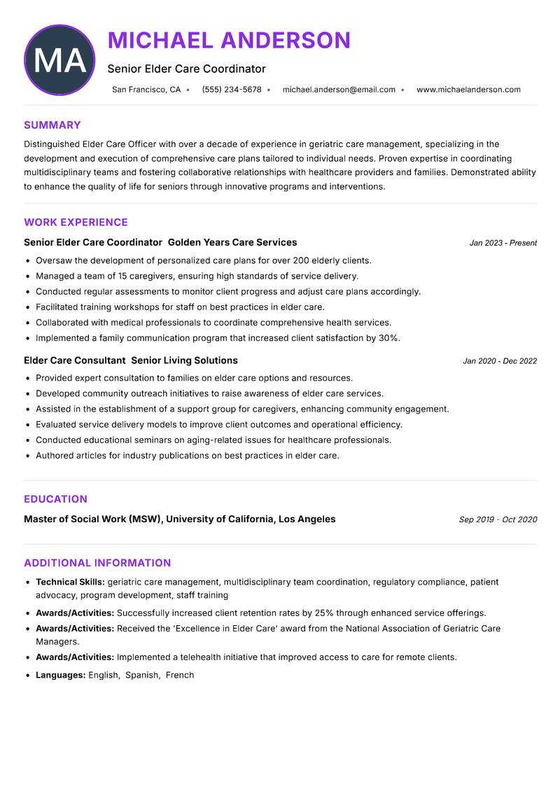 Elder Care Officer resume example — ATS-friendly template