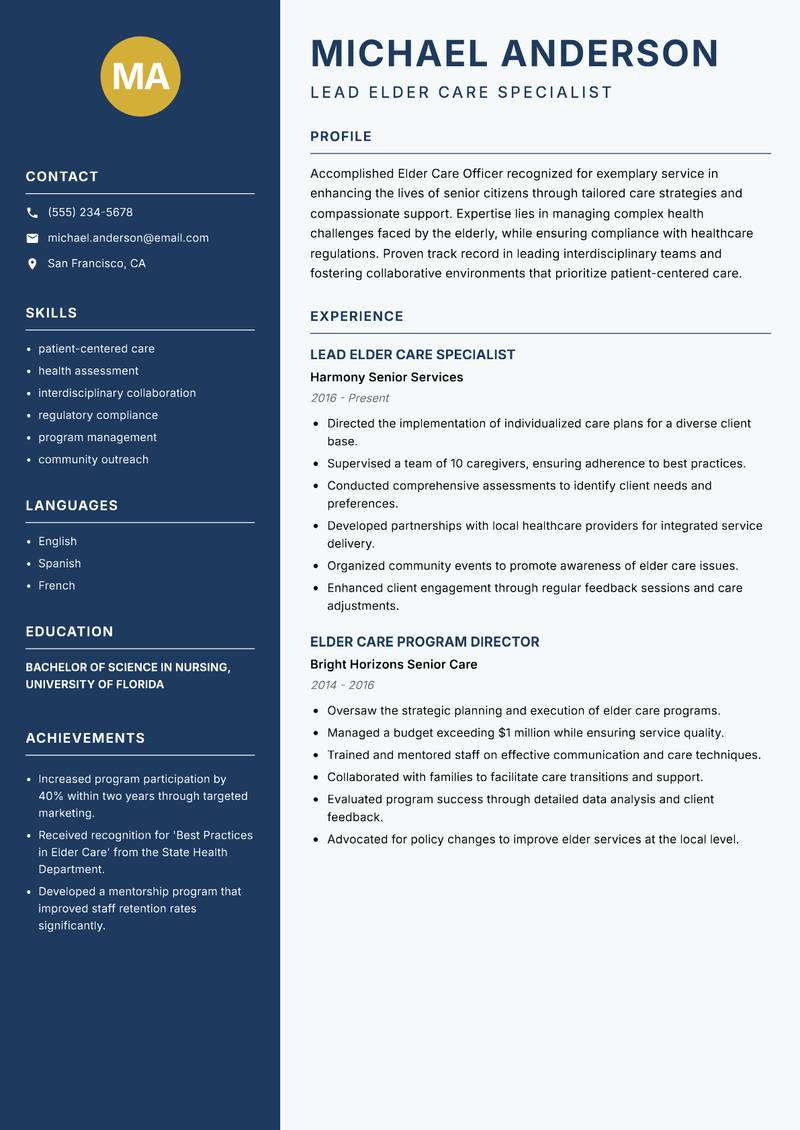 Elder Care Officer resume template — Classic Clean