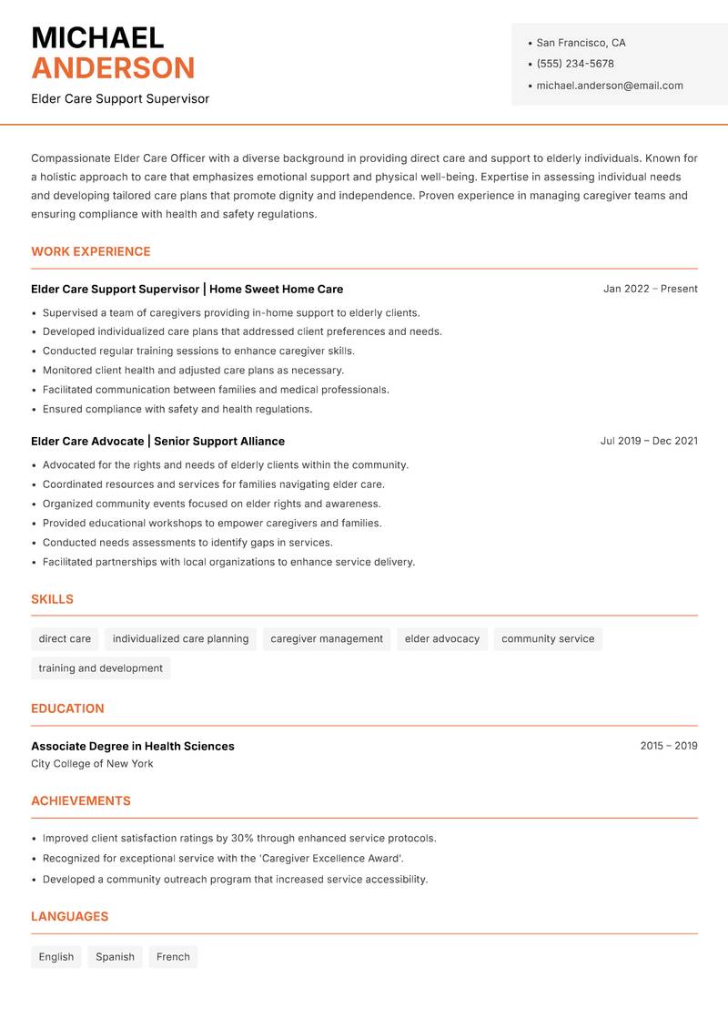 Elder Care Officer resume template — Modern Professional