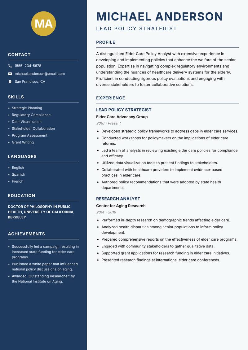 Elder Care Policy Analyst resume template — Classic Clean