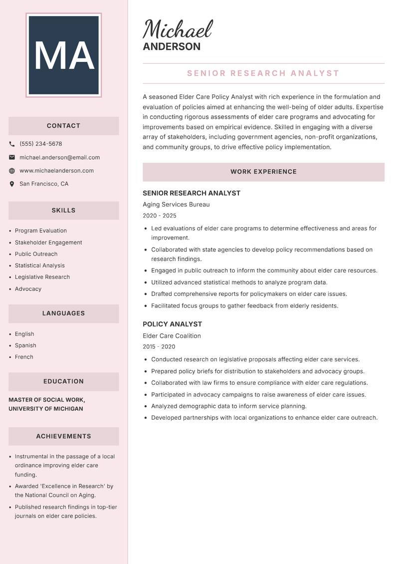Elder Care Policy Analyst resume template — Executive