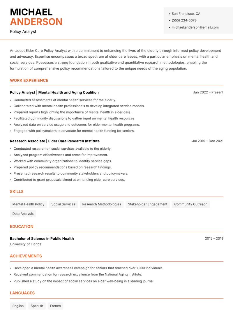 Elder Care Policy Analyst resume template — Modern Professional