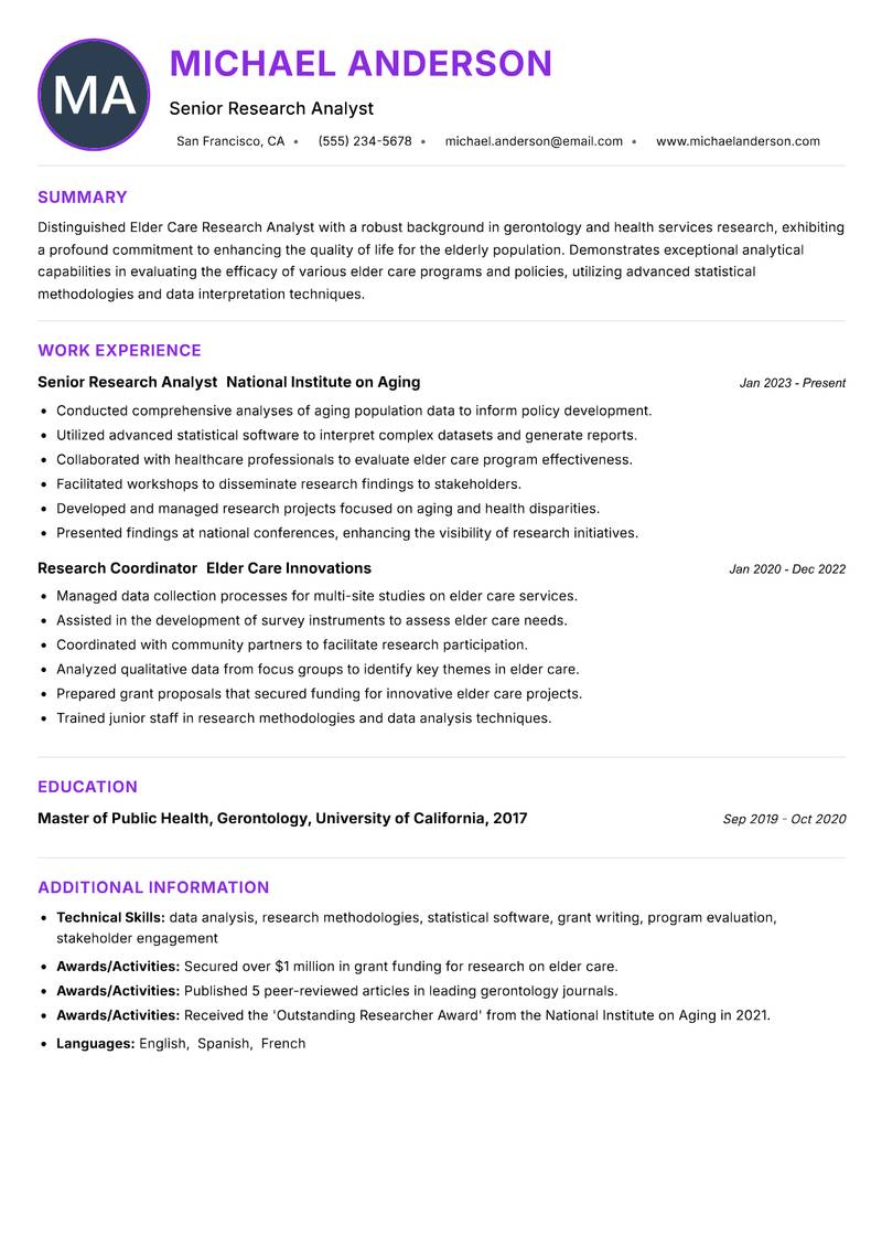 Elder Care Research Analyst resume example — ATS-friendly template