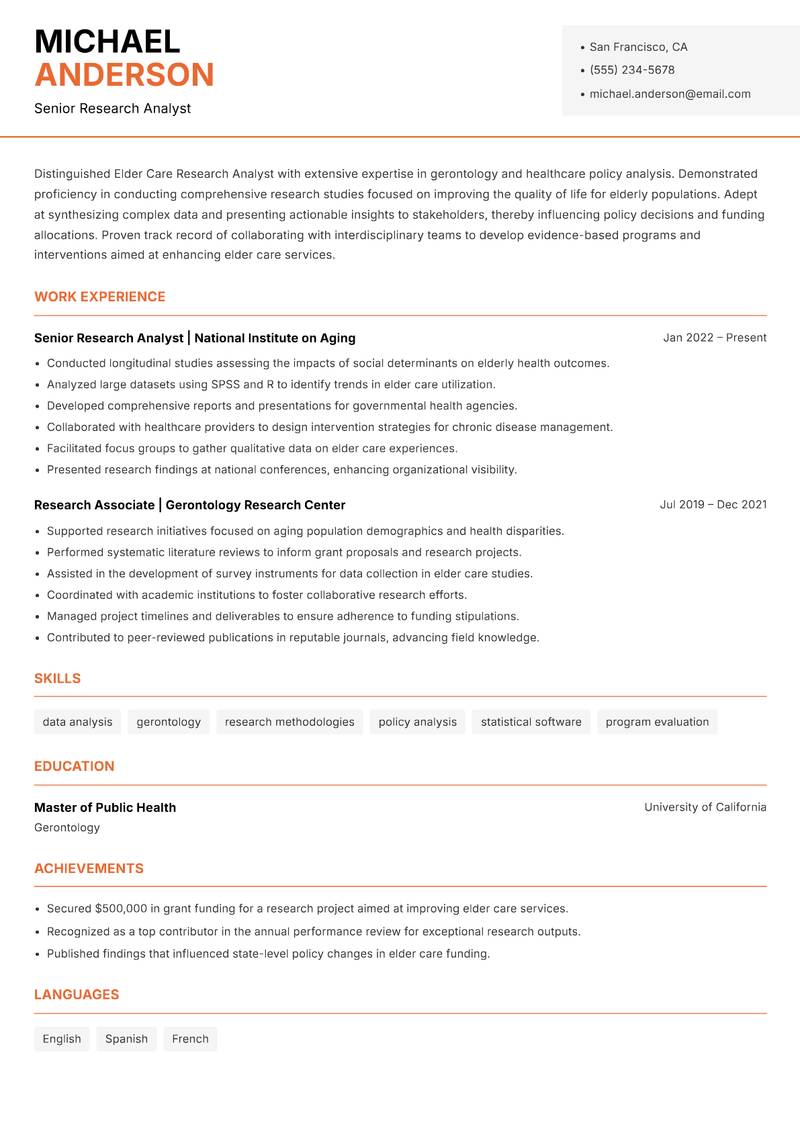 Elder Care Research Analyst resume template — Modern Professional