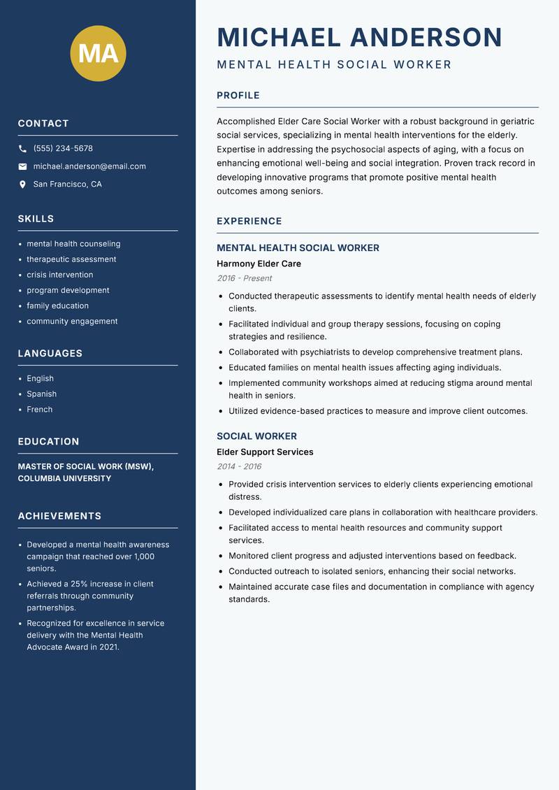 Elder Care Social Worker resume template — Classic Clean