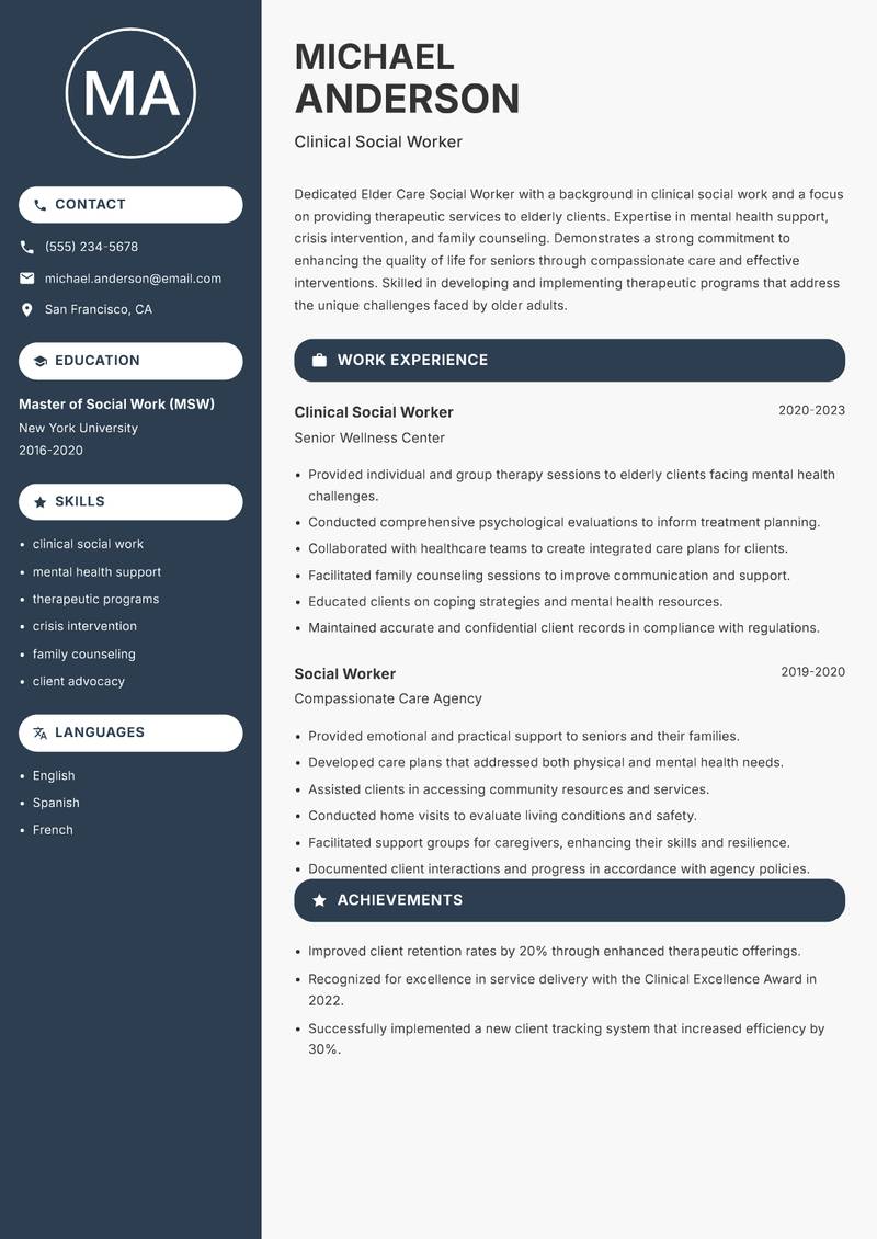 Elder Care Social Worker resume template — Compact