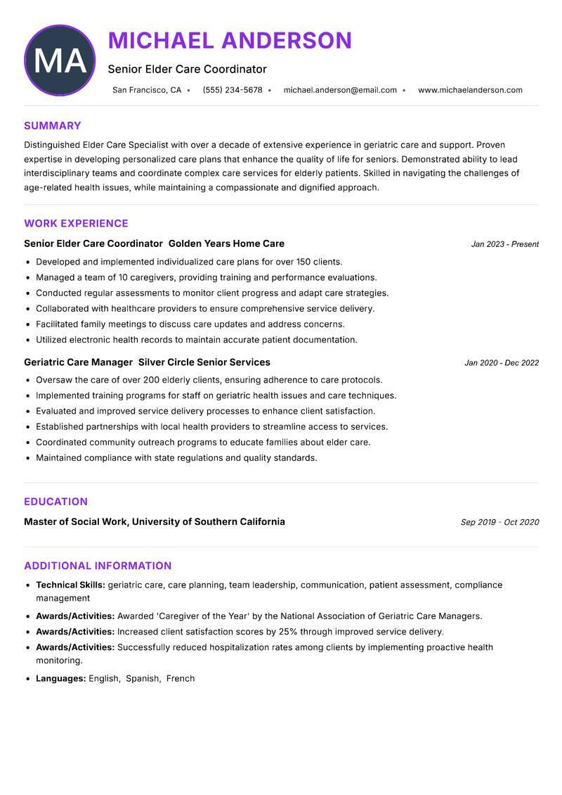 Elder Care Specialist resume example — ATS-friendly template
