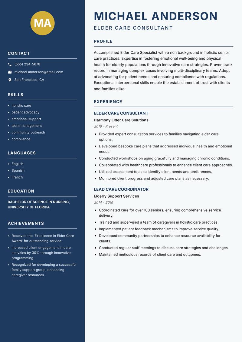 Elder Care Specialist resume template — Classic Clean