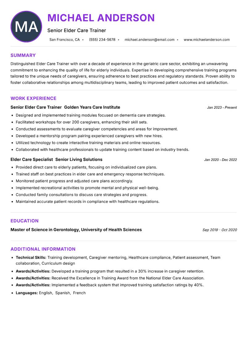 Elder Care Trainer resume example — ATS-friendly template