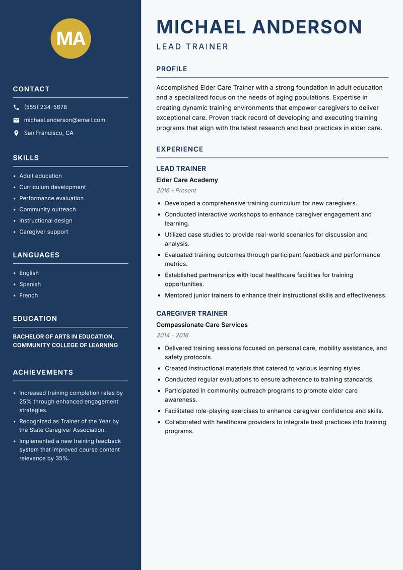 Elder Care Trainer resume template — Classic Clean
