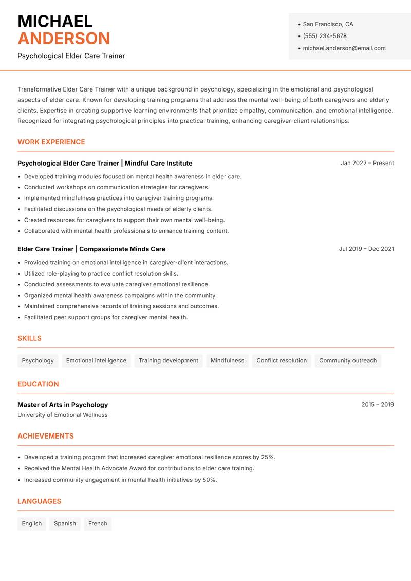 Elder Care Trainer resume template — Modern Professional