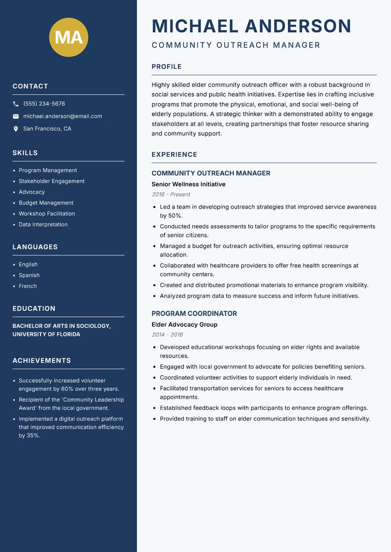 Elder Community Outreach Officer resume template — Classic Clean
