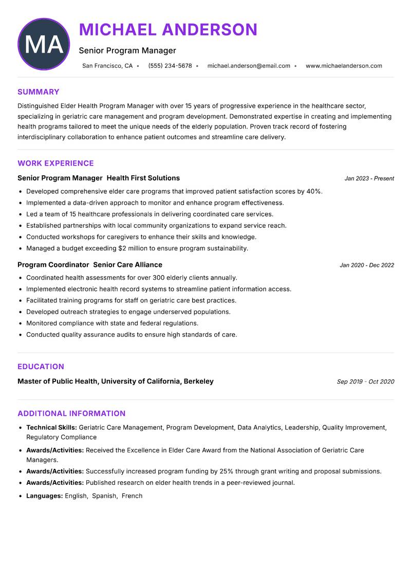 Elder Health Program Manager resume example — ATS-friendly template