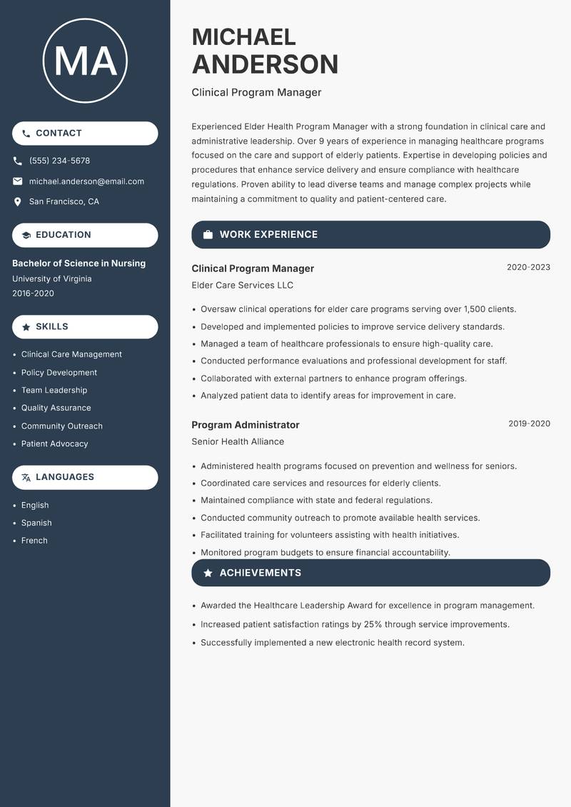 Elder Health Program Manager resume template — Compact