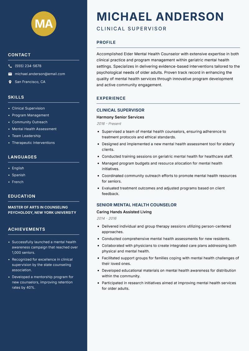 Elder Mental Health Counselor resume template — Classic Clean