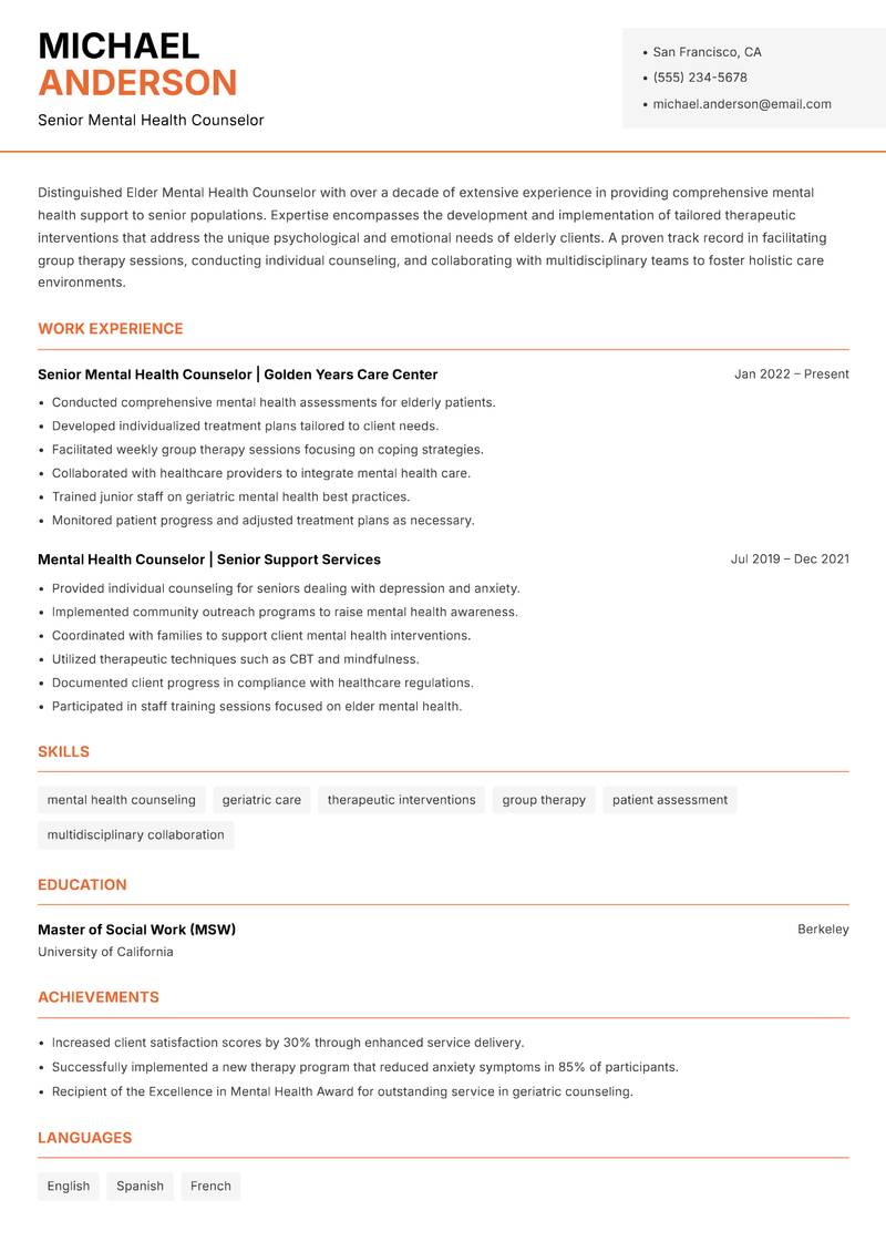 Elder Mental Health Counselor resume template — Modern Professional