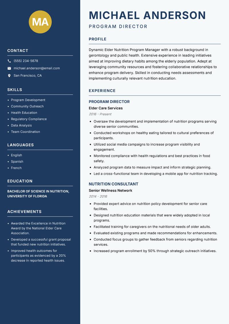 Elder Nutrition Program Manager resume template — Classic Clean