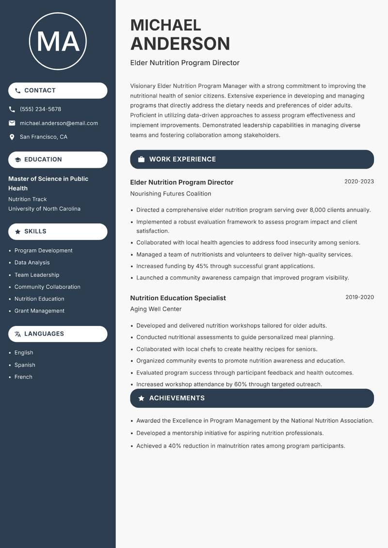 Elder Nutrition Program Manager resume template — Compact