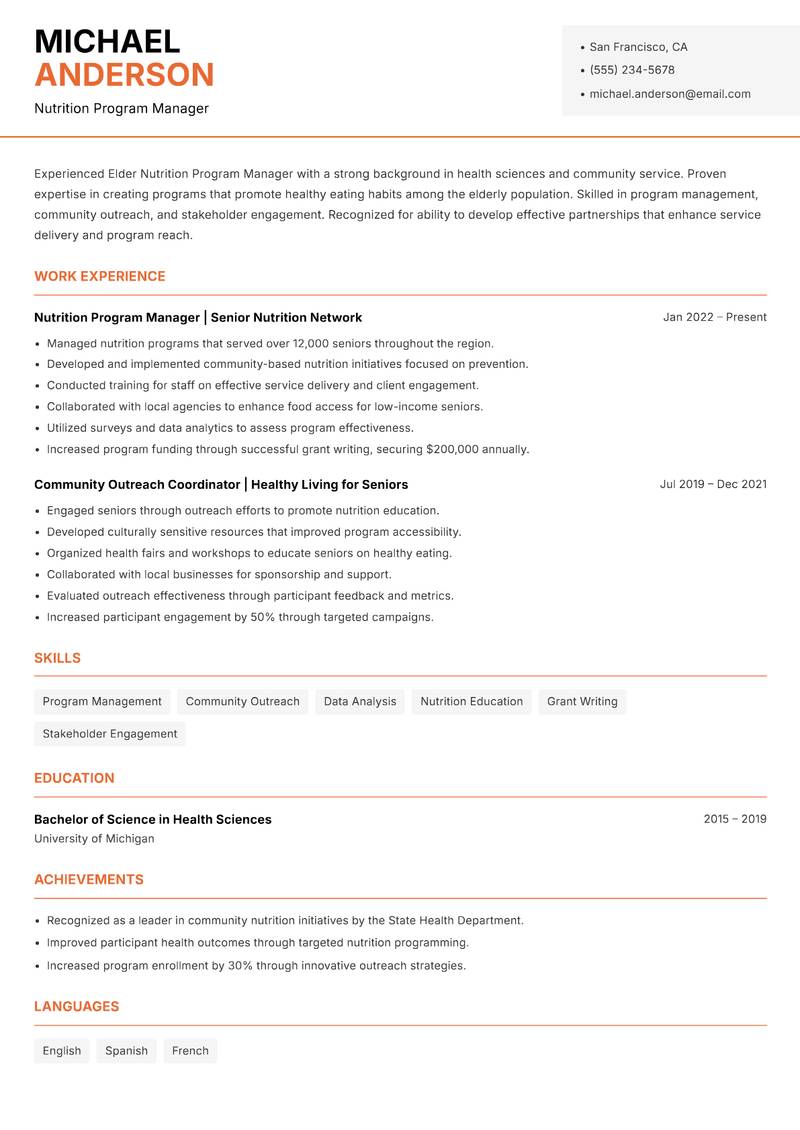 Elder Nutrition Program Manager resume template — Modern Professional