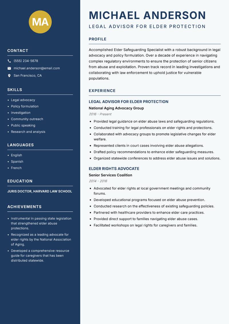Elder Safeguarding Specialist resume template — Classic Clean