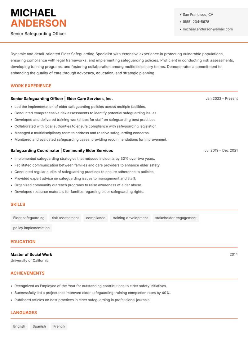 Elder Safeguarding Specialist resume template — Modern Professional