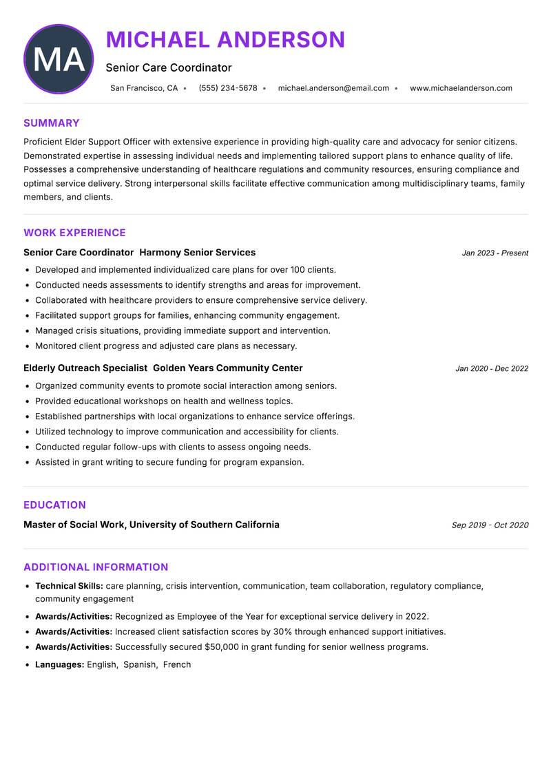 Elder Support Officer resume example — ATS-friendly template