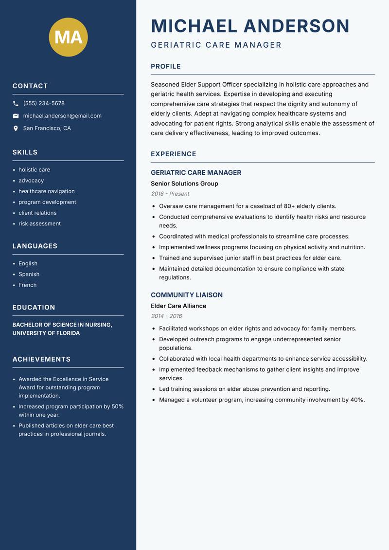 Elder Support Officer resume template — Classic Clean