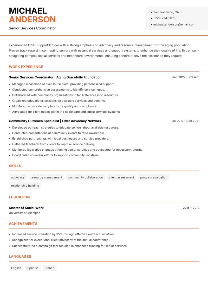 Elder Support Officer resume template — Modern Professional