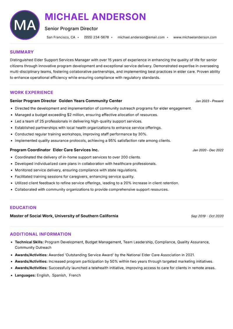 Elder Support Services Manager resume example — ATS-friendly template