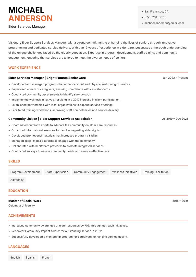 Elder Support Services Manager resume template — Modern Professional