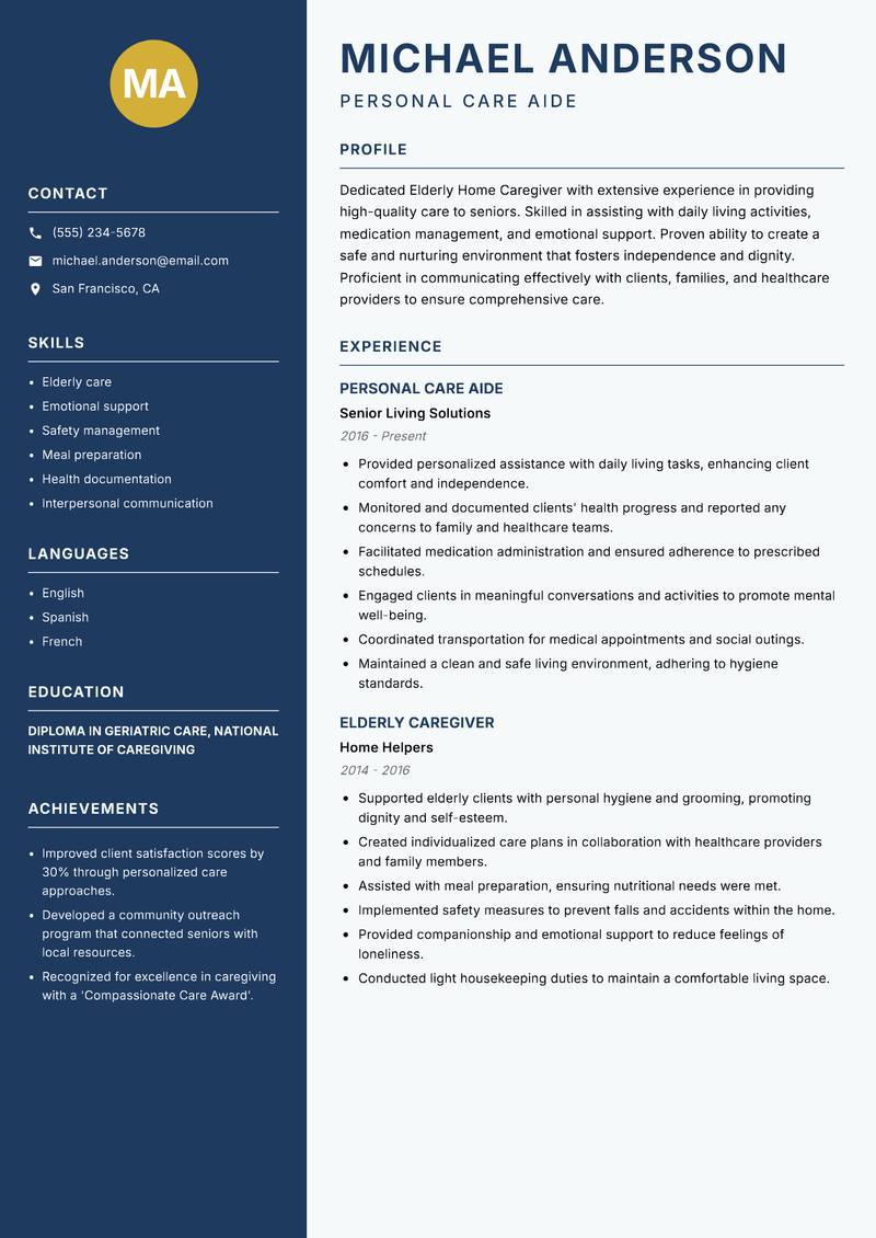 Elderly Home Caregiver resume template — Classic Clean