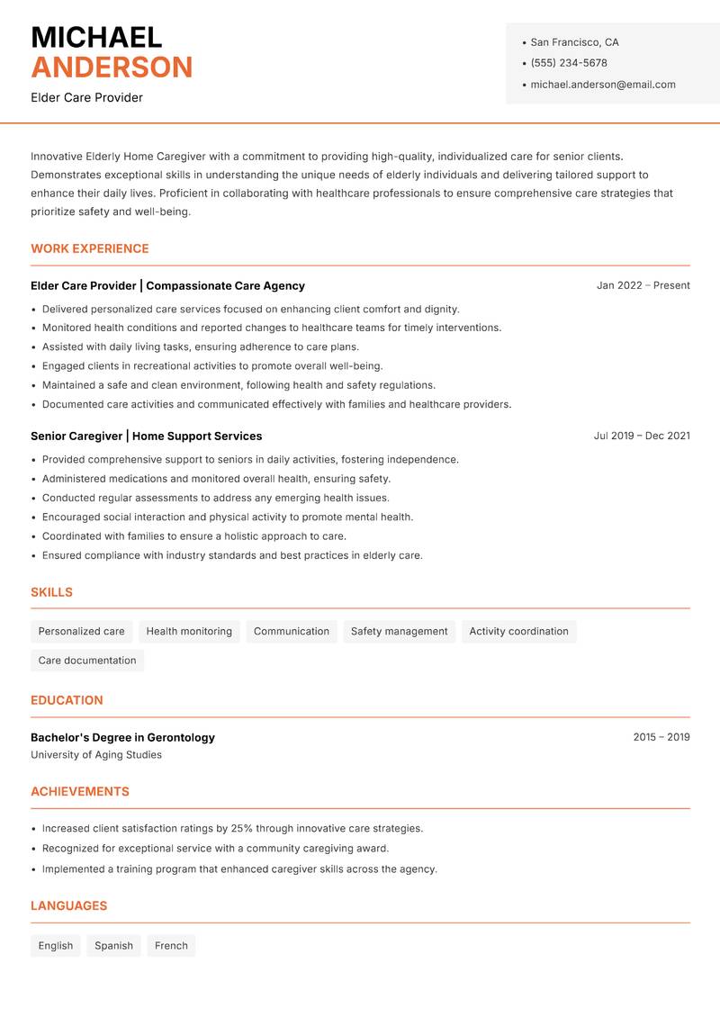 Elderly Home Caregiver resume template — Modern Professional