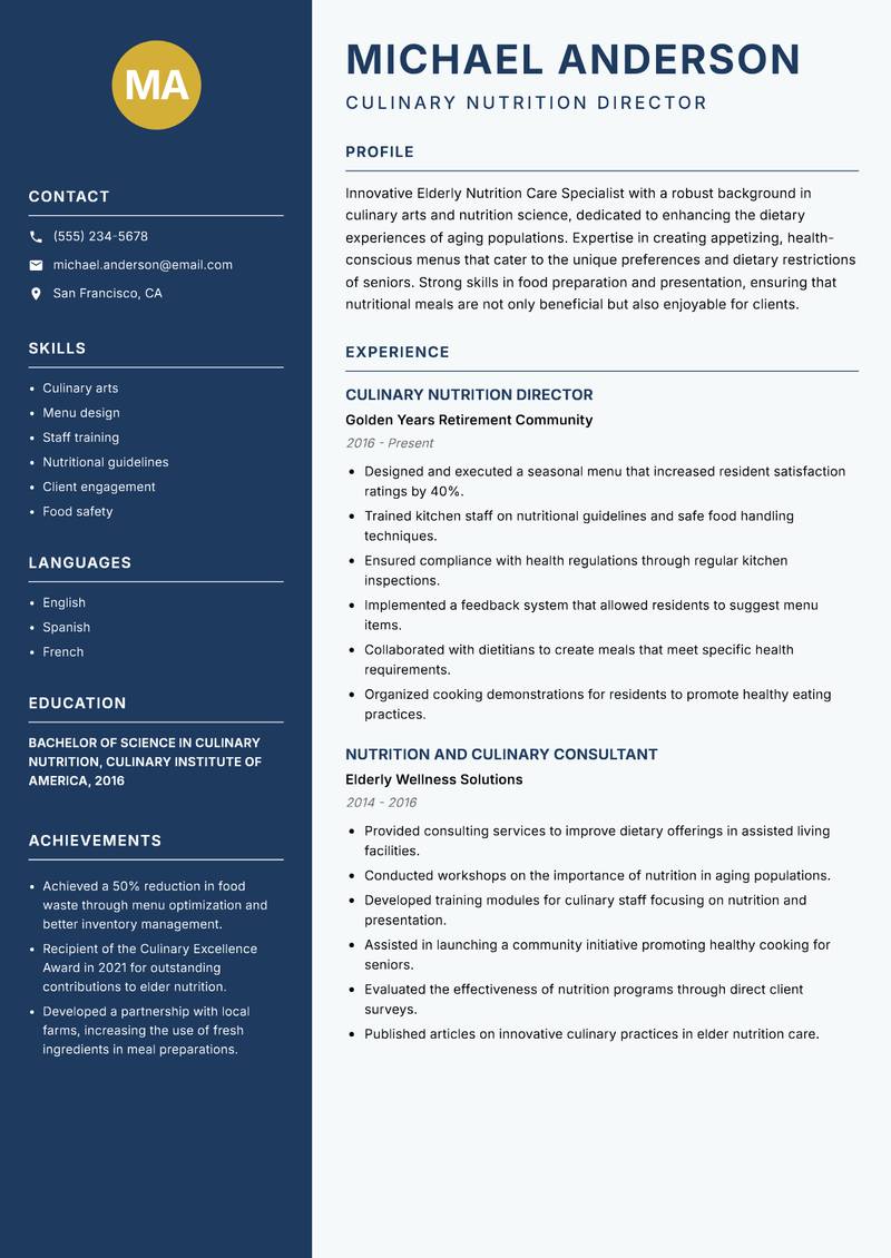 Elderly Nutrition Care Specialist resume template — Classic Clean