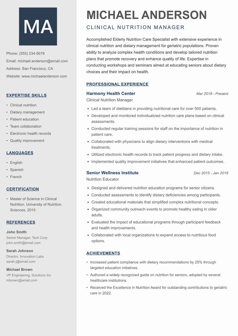 Elderly Nutrition Care Specialist resume template — Creative Minimal