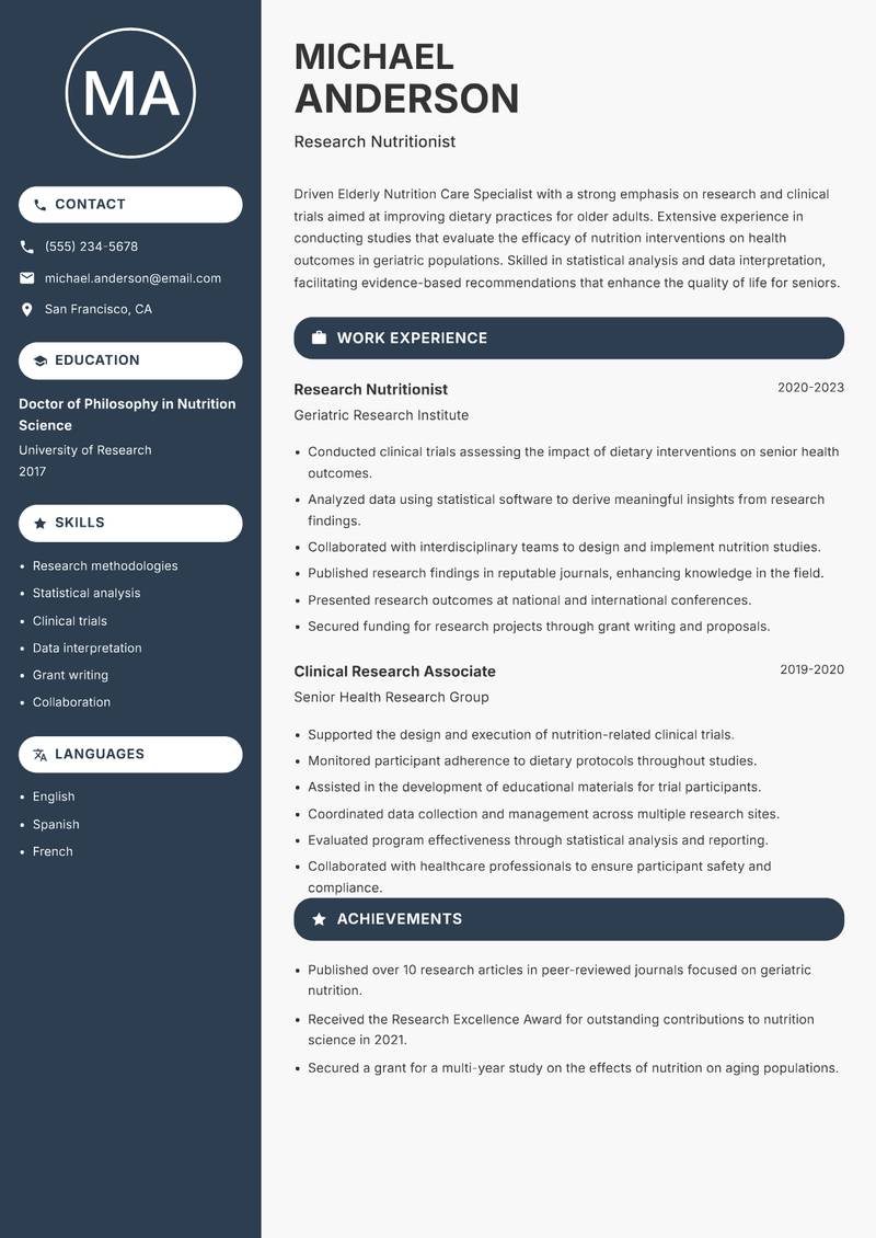 Elderly Nutrition Care Specialist resume template — Compact
