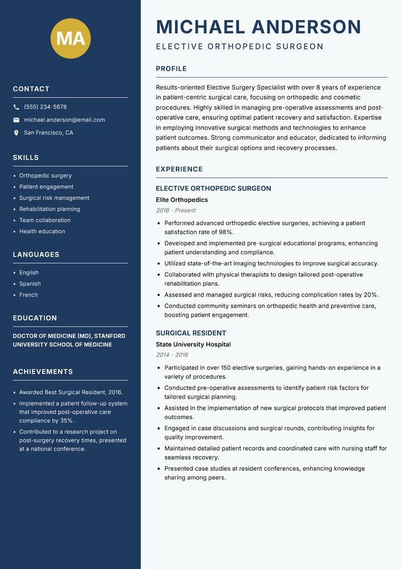 Elective Surgery Specialist resume template — Classic Clean